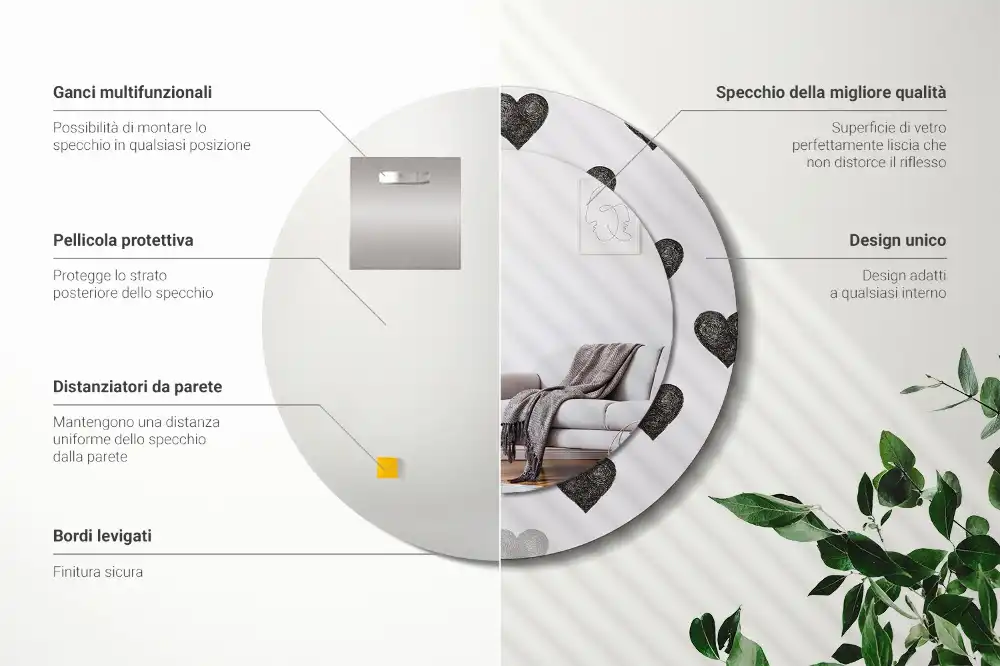 Oglindă rotundă decorativă cu model abstract de inimi