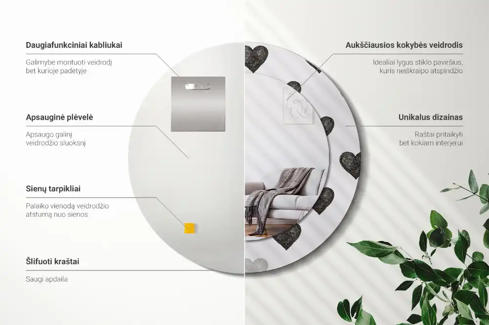 Oglindă rotundă decorativă cu model abstract de inimi