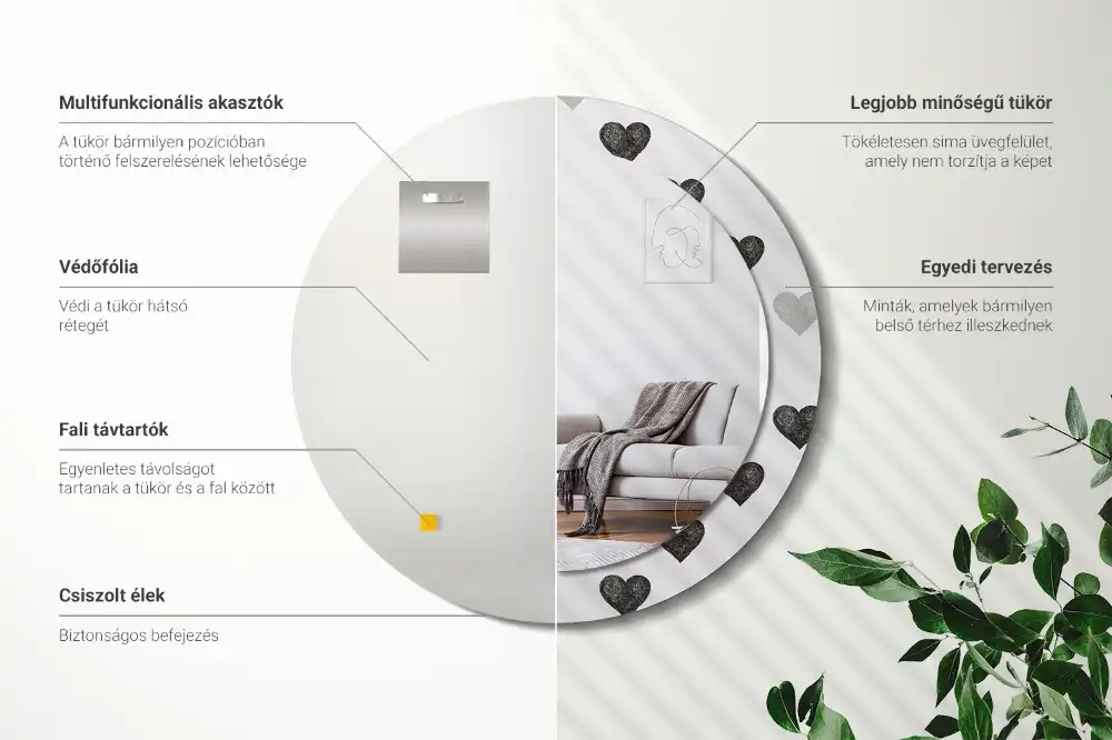 Oglindă rotundă decorativă cu model abstract de inimi