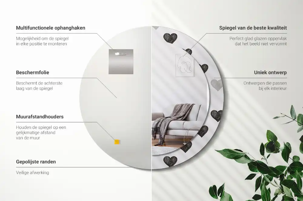 Oglindă rotundă decorativă cu model abstract de inimi