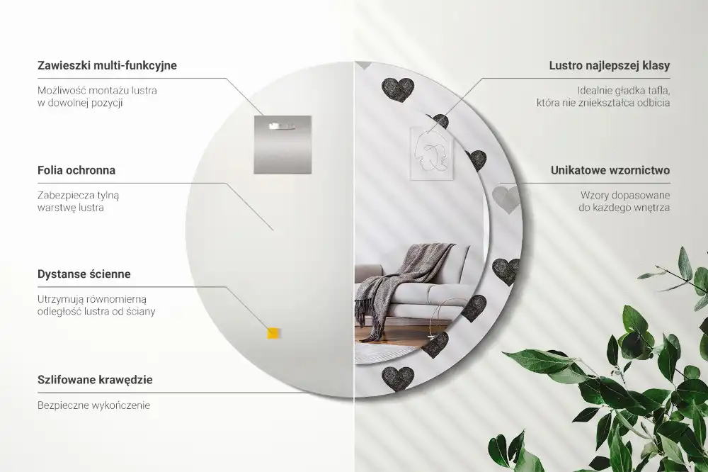 Oglindă rotundă decorativă cu model abstract de inimi