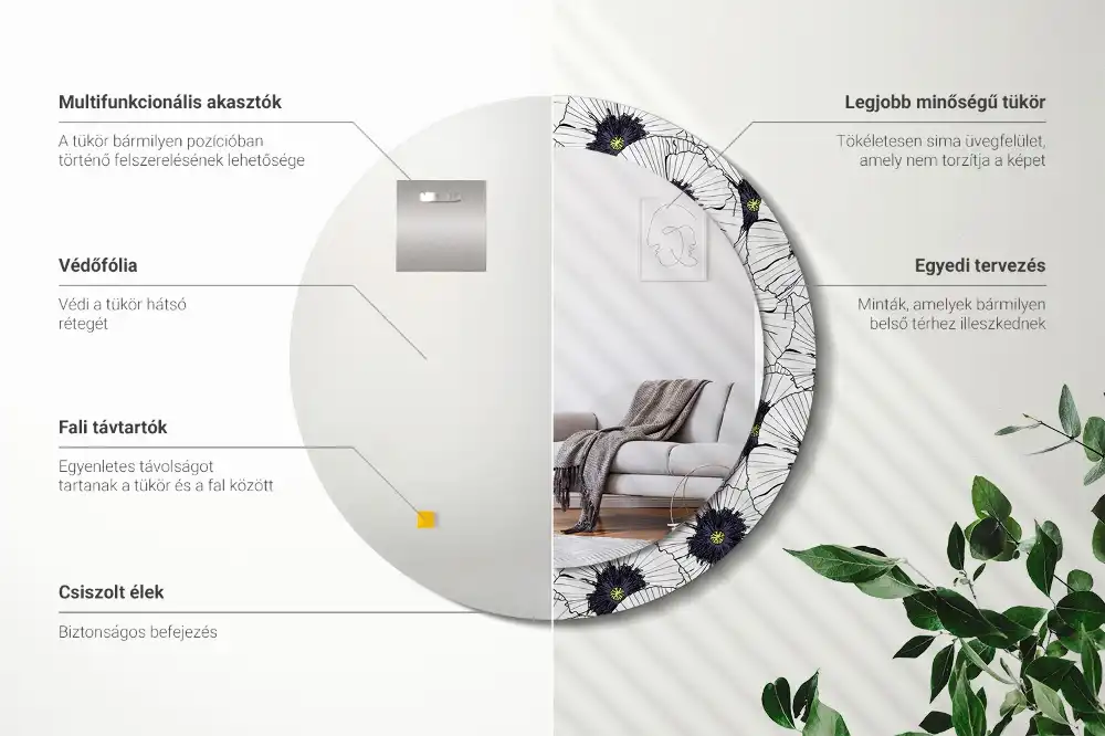Oglindă rotundă cu ramă cu imprimeu floral