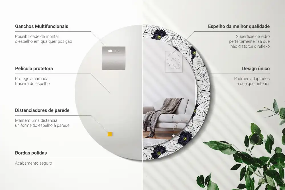 Oglindă rotundă cu ramă cu imprimeu floral