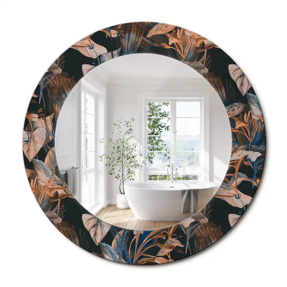 Oglindă decorativă rotundă cu frunze tropicale închise la culoare
