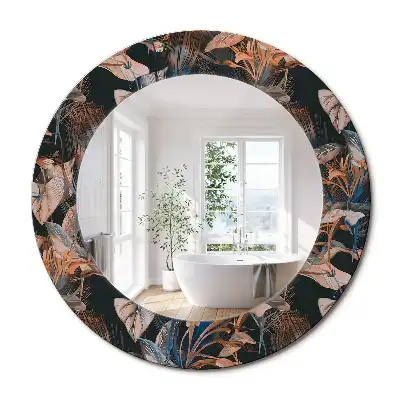Oglindă decorativă rotundă cu frunze tropicale închise la culoare