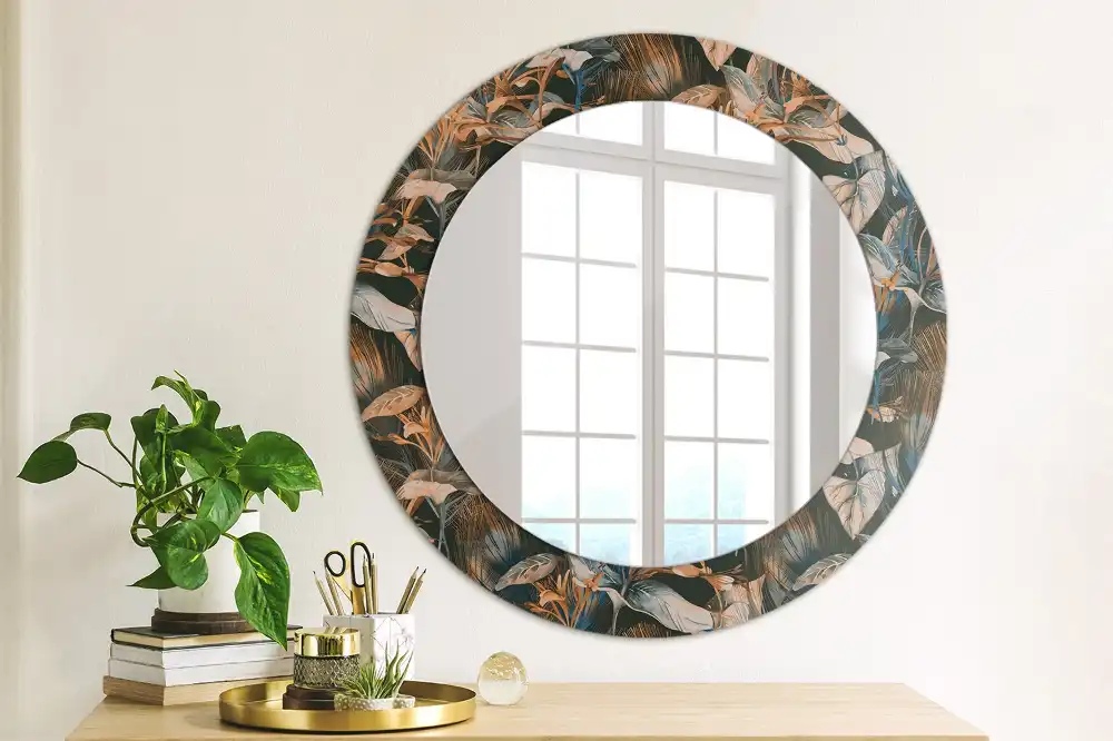 Oglindă decorativă rotundă cu frunze tropicale închise la culoare