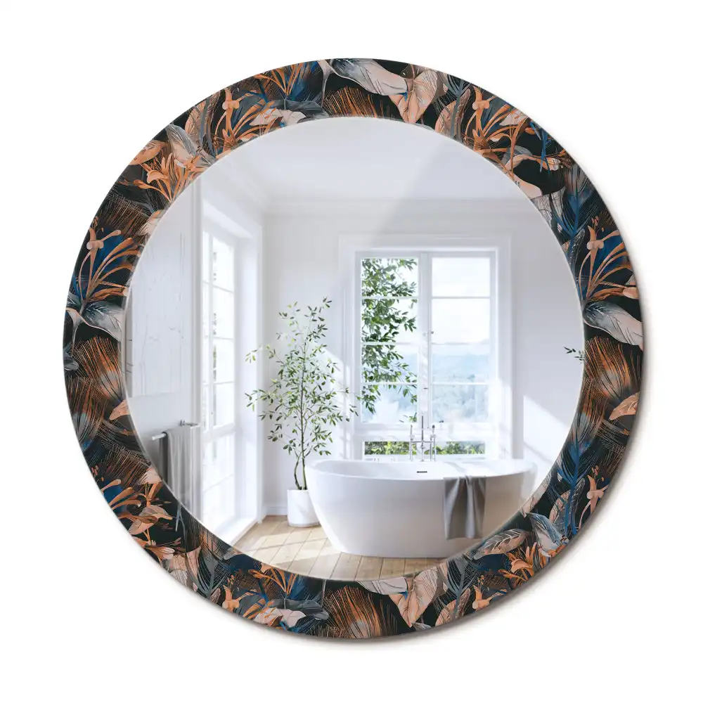 Oglindă decorativă rotundă cu frunze tropicale închise la culoare