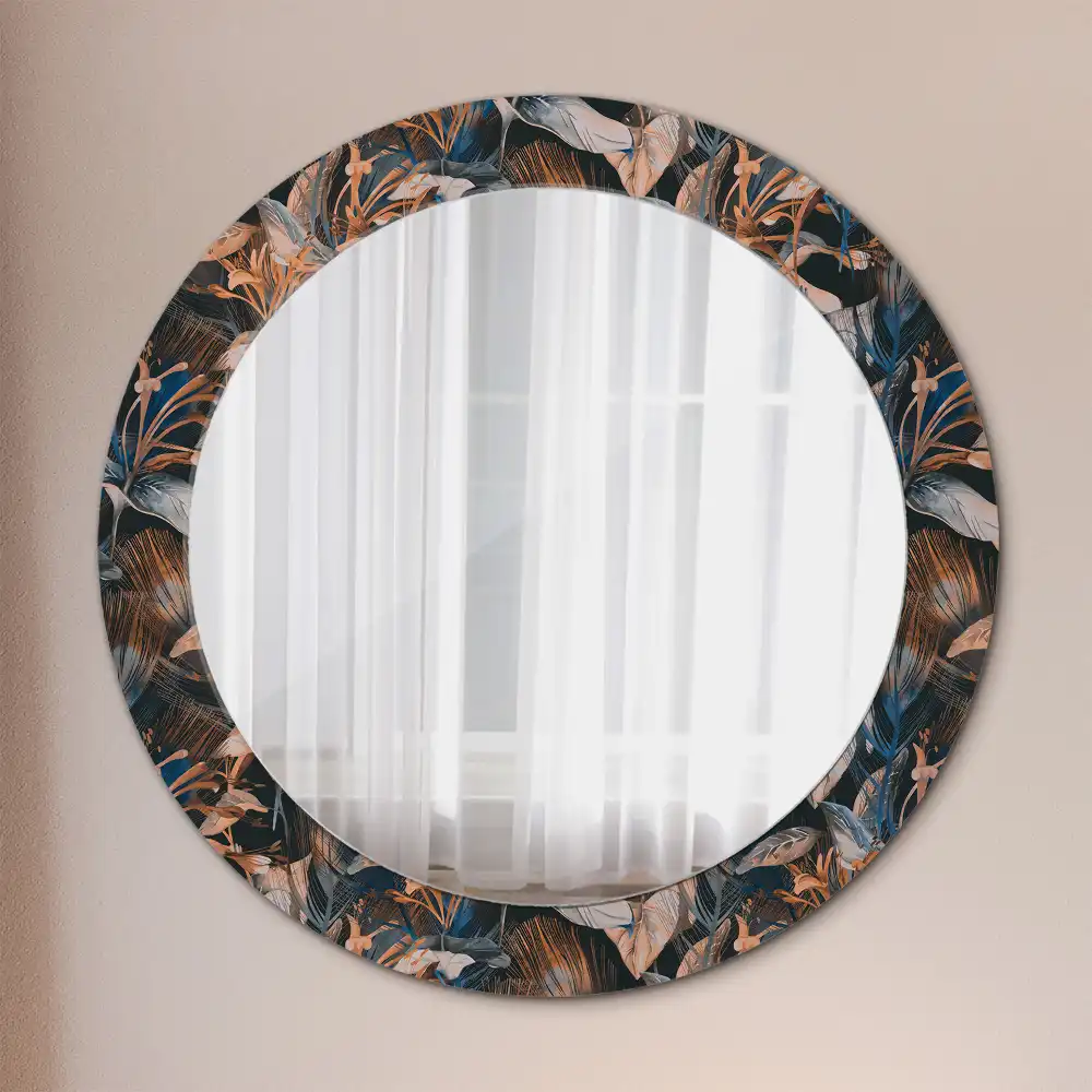 Oglindă decorativă rotundă cu frunze tropicale închise la culoare
