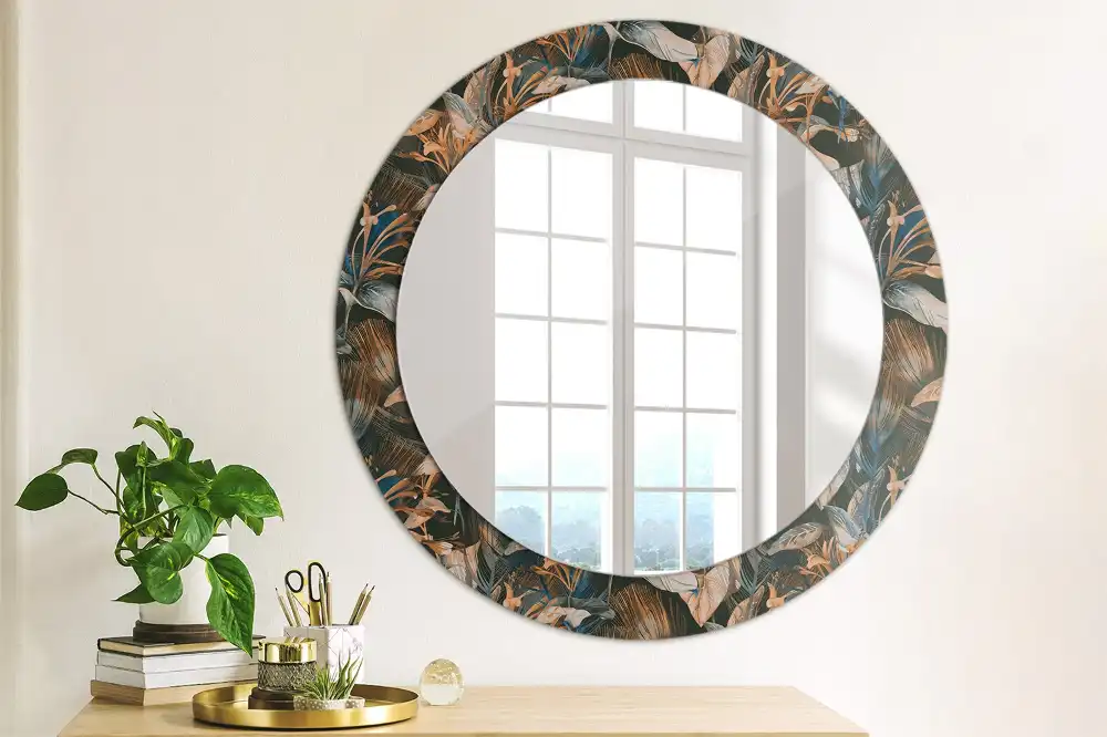 Oglindă decorativă rotundă cu frunze tropicale închise la culoare