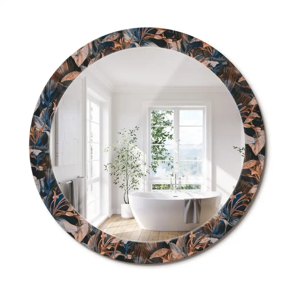Oglindă decorativă rotundă cu frunze tropicale închise la culoare