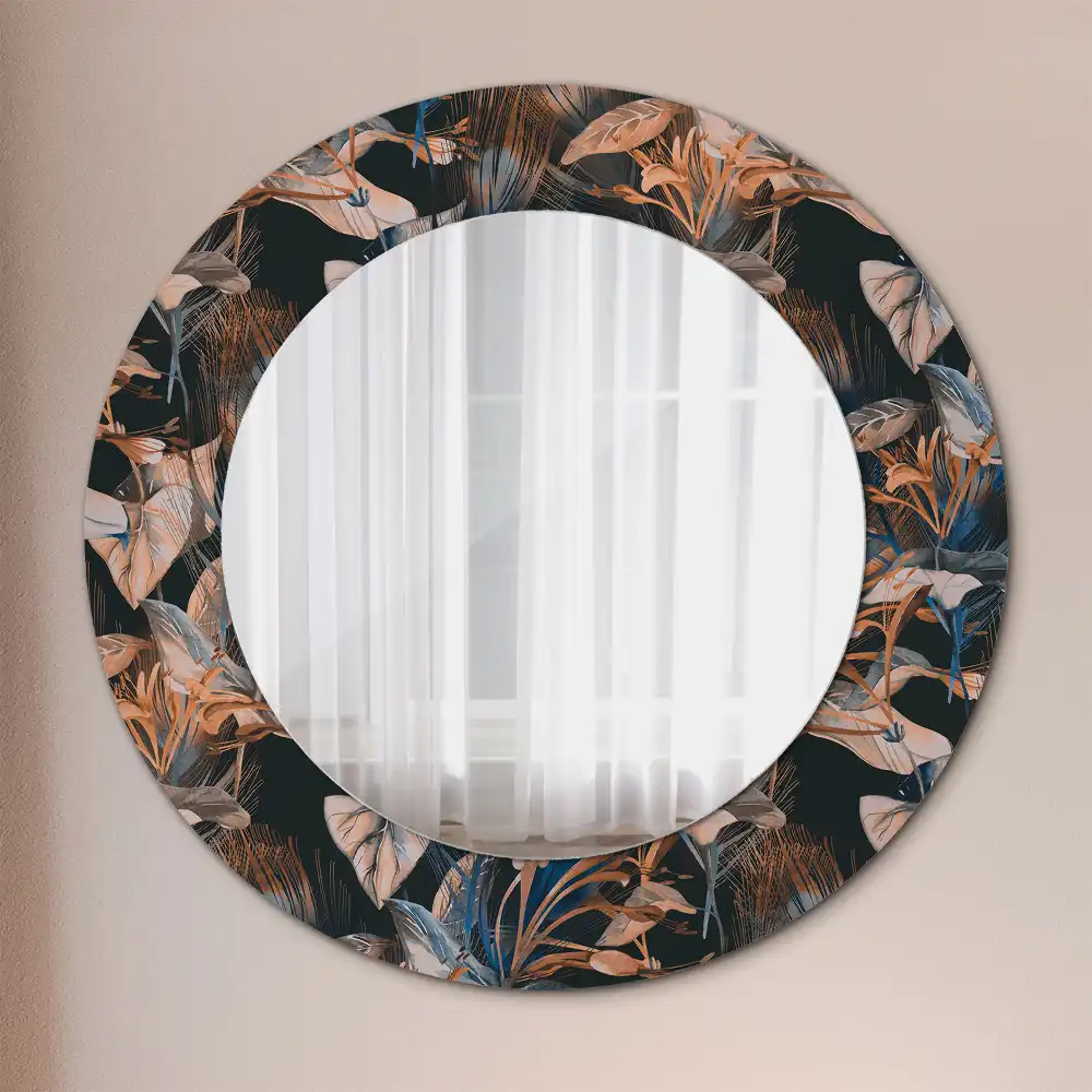 Oglindă decorativă rotundă cu frunze tropicale închise la culoare