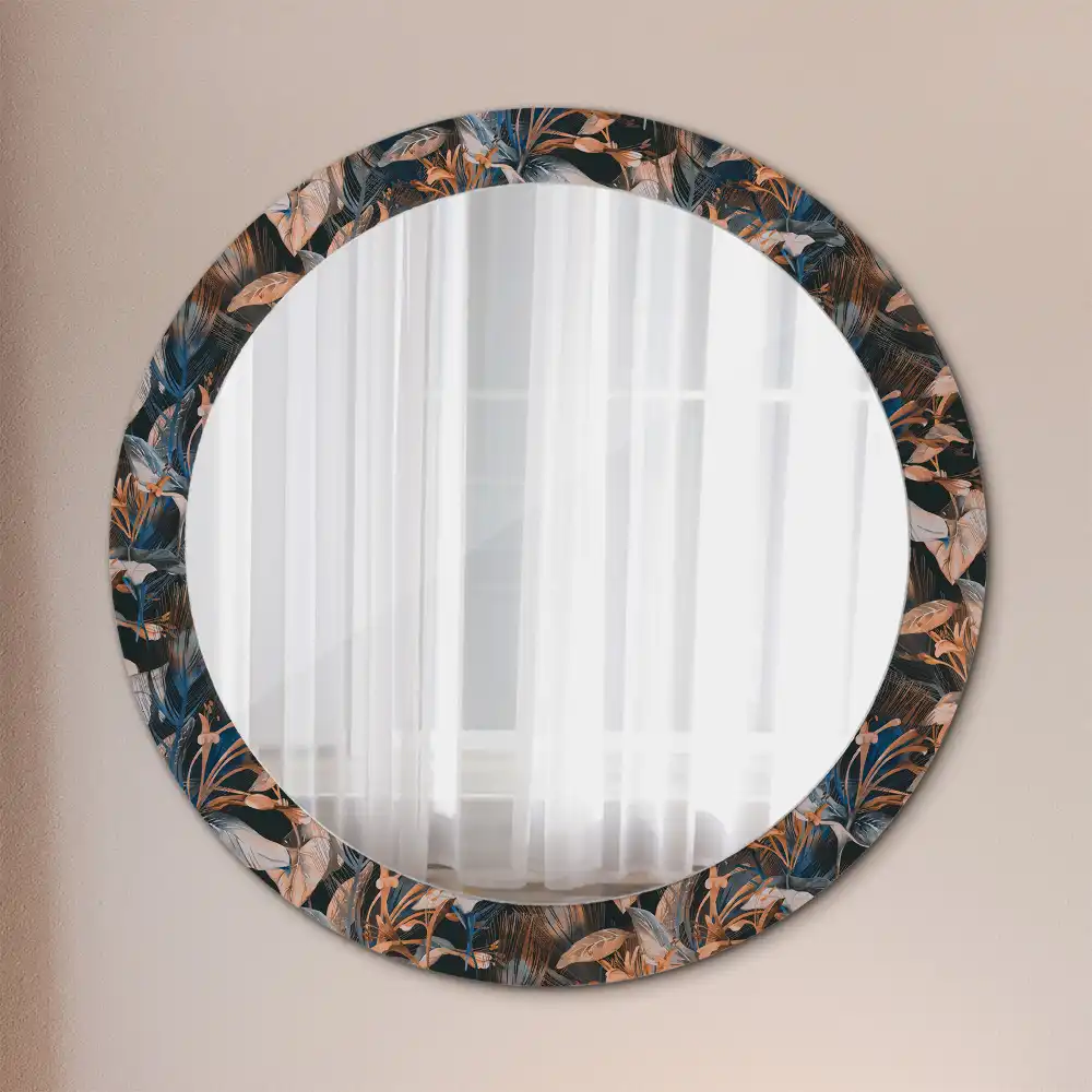 Oglindă decorativă rotundă cu frunze tropicale închise la culoare