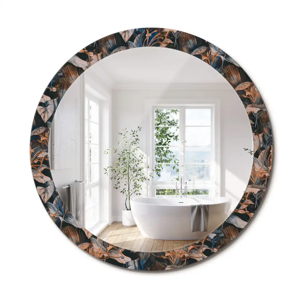 Oglindă decorativă rotundă cu frunze tropicale închise la culoare