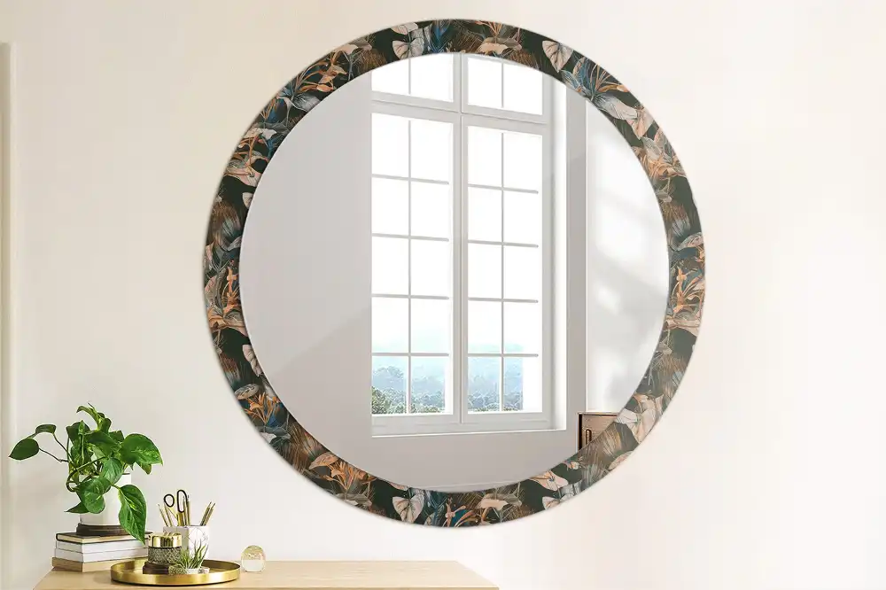 Oglindă decorativă rotundă cu frunze tropicale închise la culoare