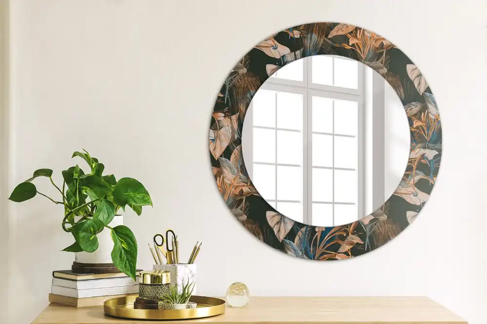Oglindă decorativă rotundă cu frunze tropicale închise la culoare