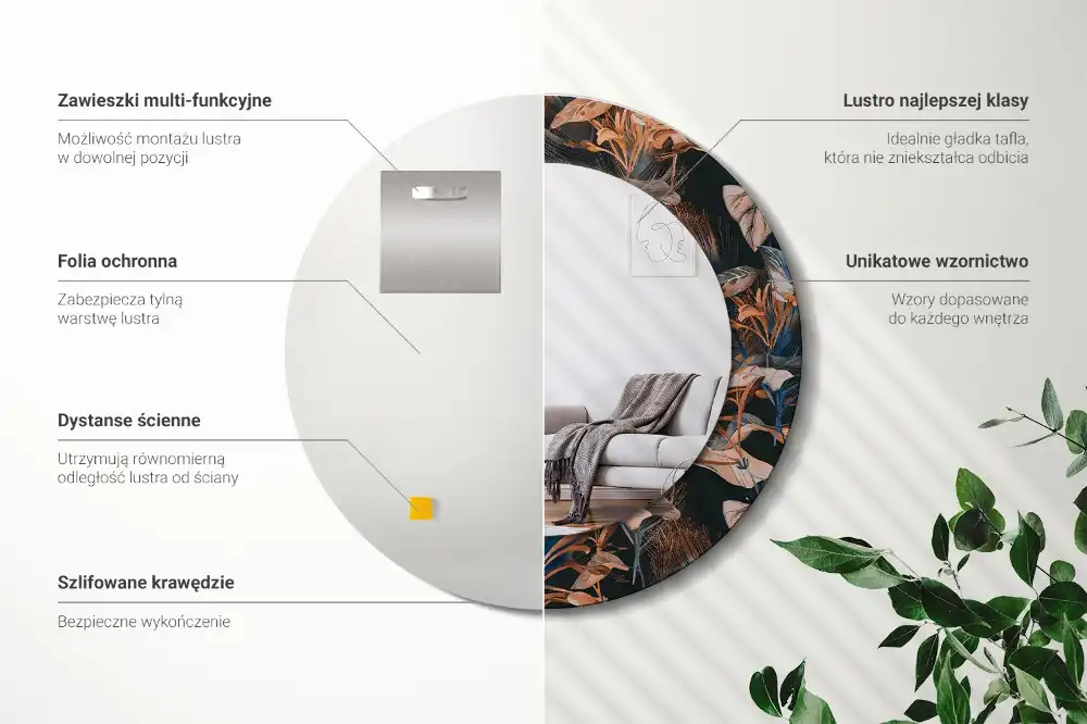 Oglindă decorativă rotundă cu frunze tropicale închise la culoare