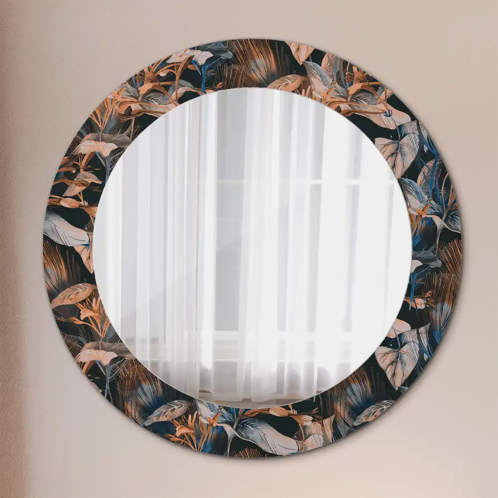 Oglindă decorativă rotundă cu frunze tropicale închise la culoare