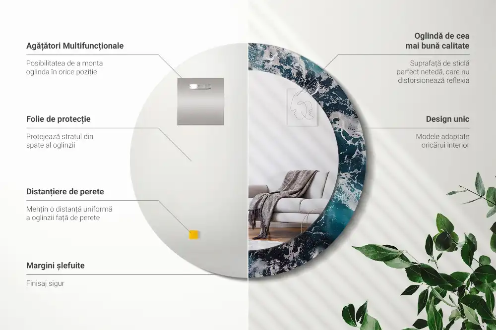 Oglindă rotundă decorativă de perete mare model furtunos