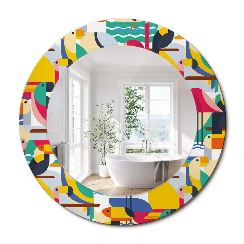 Oglindă rotundă cu ramă cu imprimeu geometric cu păsări tropicale