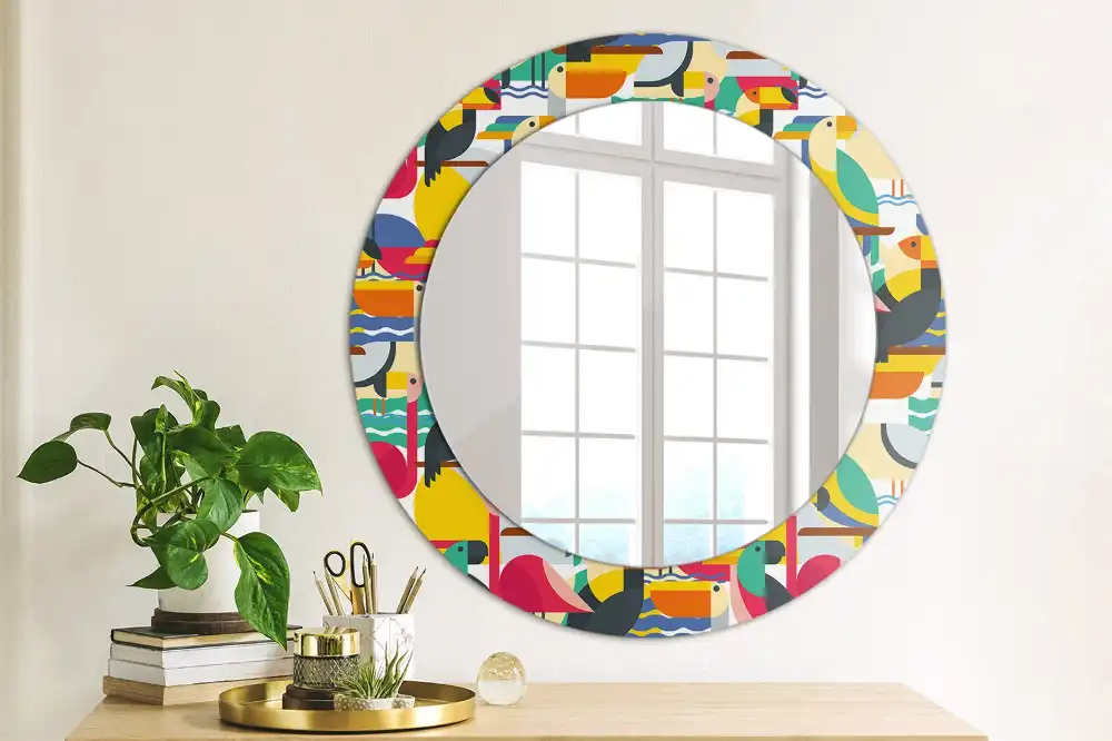 Oglindă rotundă cu ramă cu imprimeu geometric cu păsări tropicale