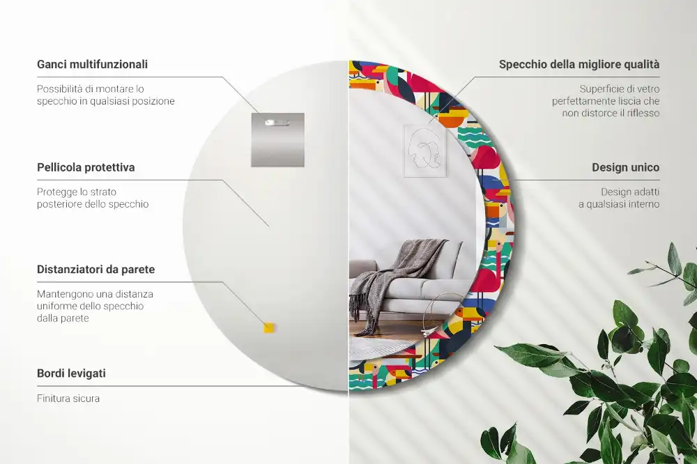 Oglindă rotundă cu ramă cu imprimeu geometric cu păsări tropicale