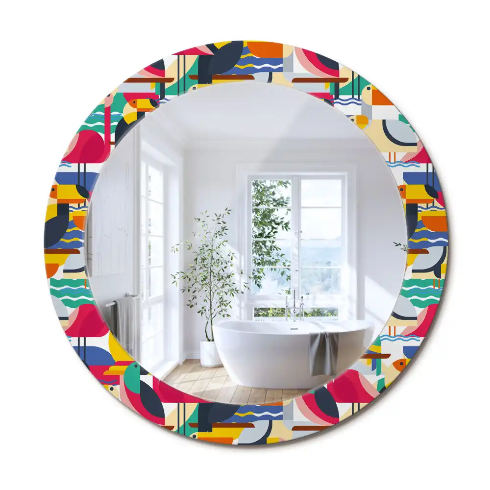 Oglindă rotundă cu ramă cu imprimeu geometric cu păsări tropicale