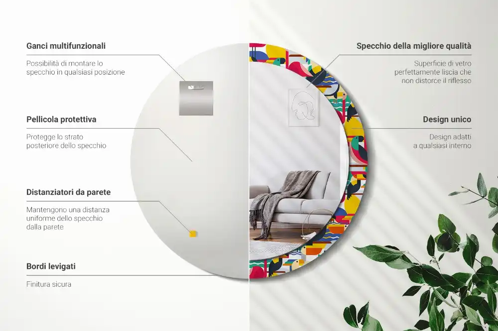 Oglindă rotundă cu ramă cu imprimeu geometric cu păsări tropicale