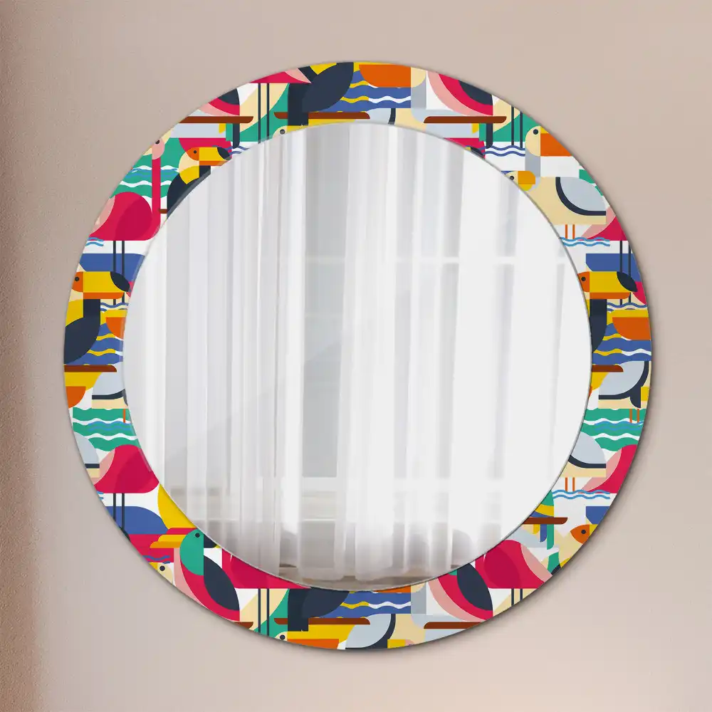 Oglindă rotundă cu ramă cu imprimeu geometric cu păsări tropicale