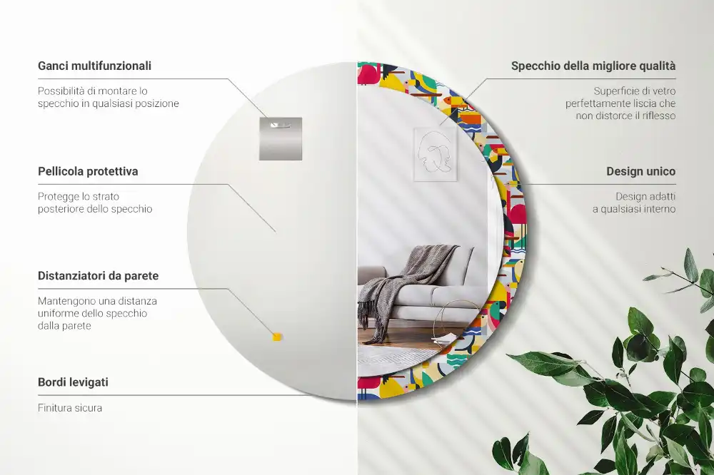 Oglindă rotundă cu ramă cu imprimeu geometric cu păsări tropicale