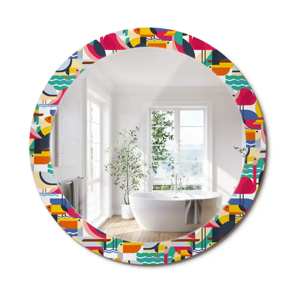 Oglindă rotundă cu ramă cu imprimeu geometric cu păsări tropicale