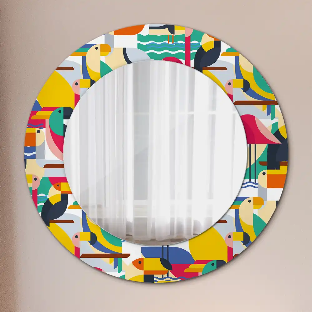 Oglindă rotundă cu ramă cu imprimeu geometric cu păsări tropicale