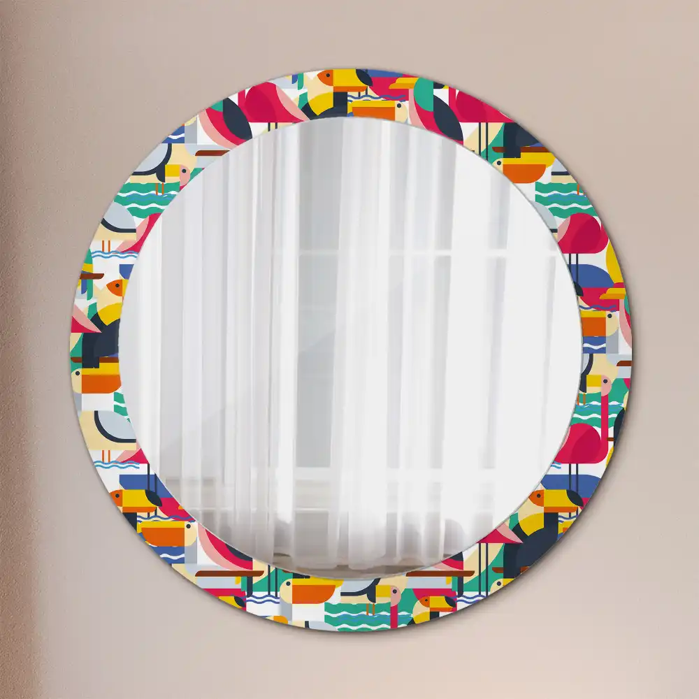 Oglindă rotundă cu ramă cu imprimeu geometric cu păsări tropicale