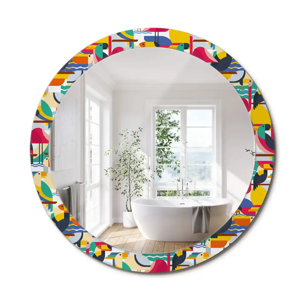 Oglindă rotundă cu ramă cu imprimeu geometric cu păsări tropicale
