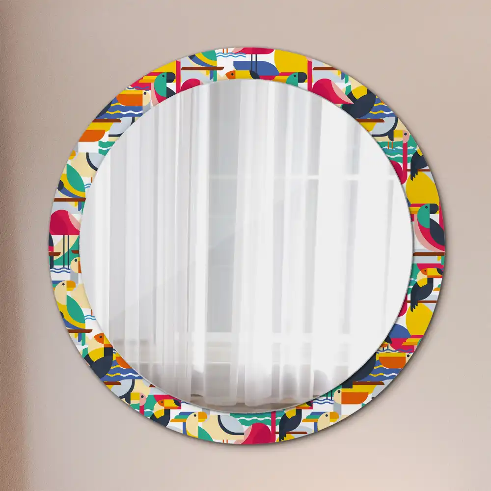 Oglindă rotundă cu ramă cu imprimeu geometric cu păsări tropicale
