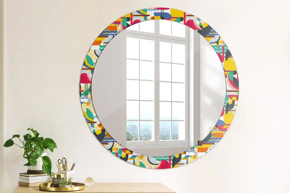 Oglindă rotundă cu ramă cu imprimeu geometric cu păsări tropicale