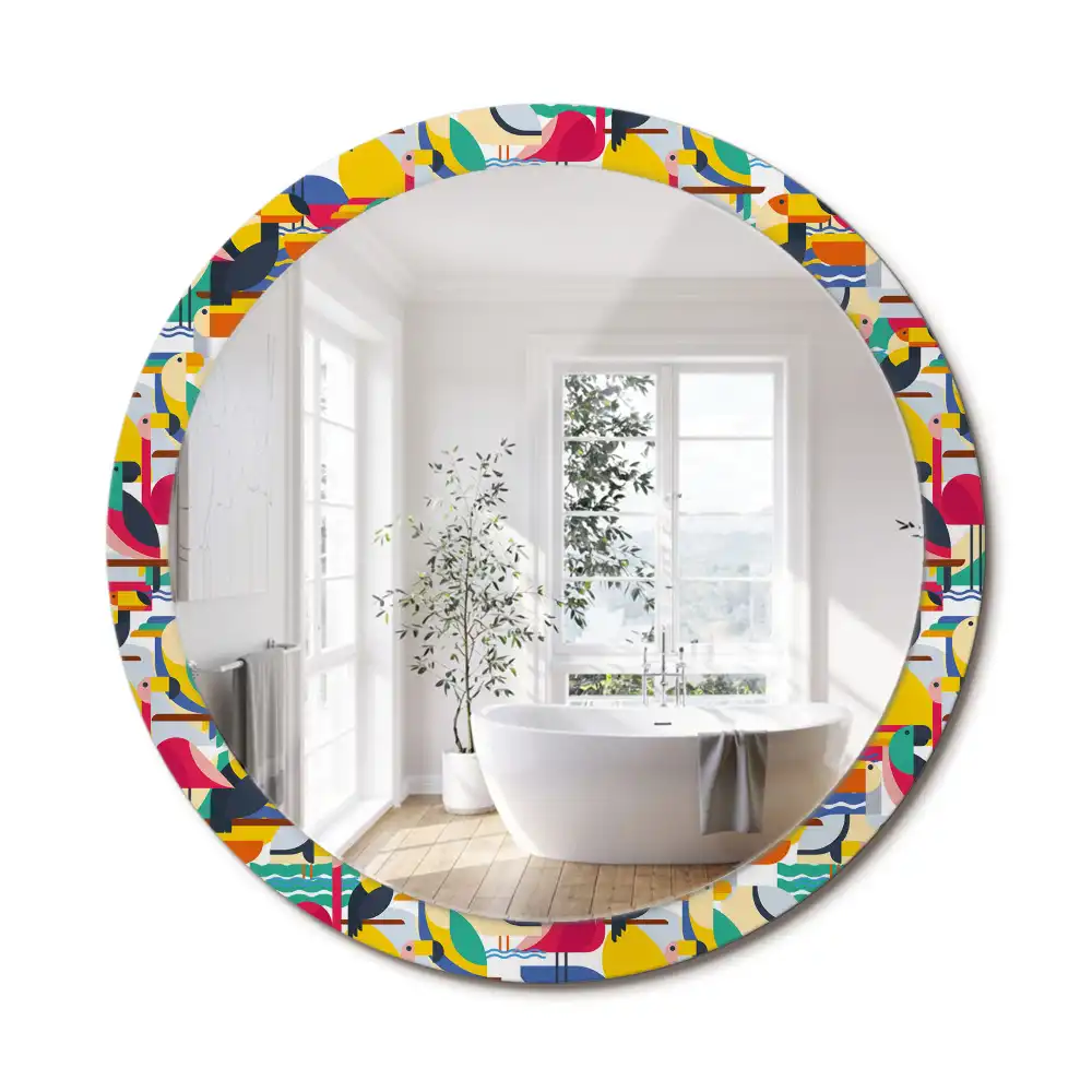 Oglindă rotundă cu ramă cu imprimeu geometric cu păsări tropicale