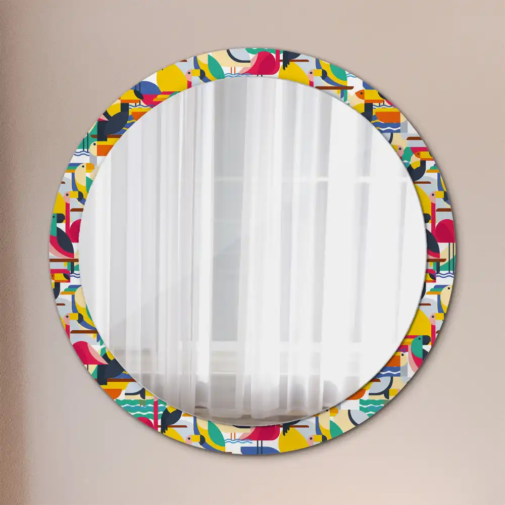 Oglindă rotundă cu ramă cu imprimeu geometric cu păsări tropicale