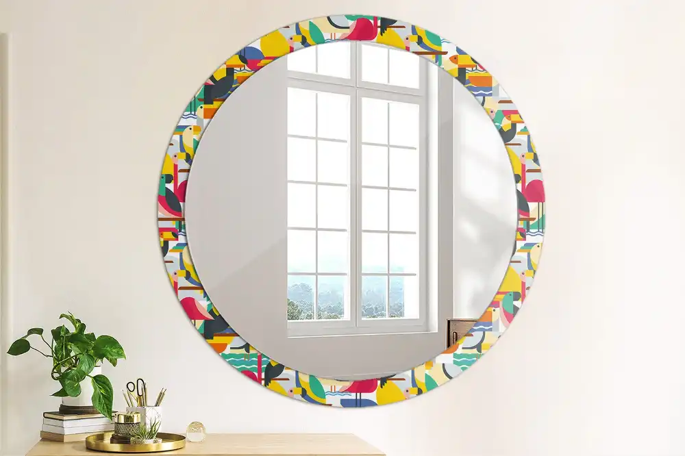 Oglindă rotundă cu ramă cu imprimeu geometric cu păsări tropicale