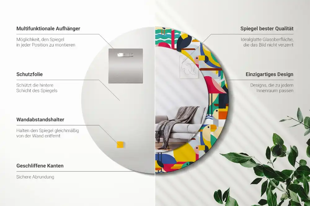 Oglindă rotundă cu ramă cu imprimeu geometric cu păsări tropicale