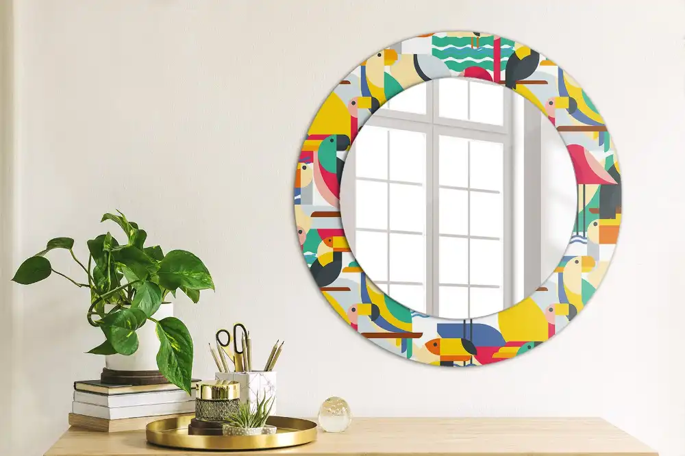 Oglindă rotundă cu ramă cu imprimeu geometric cu păsări tropicale