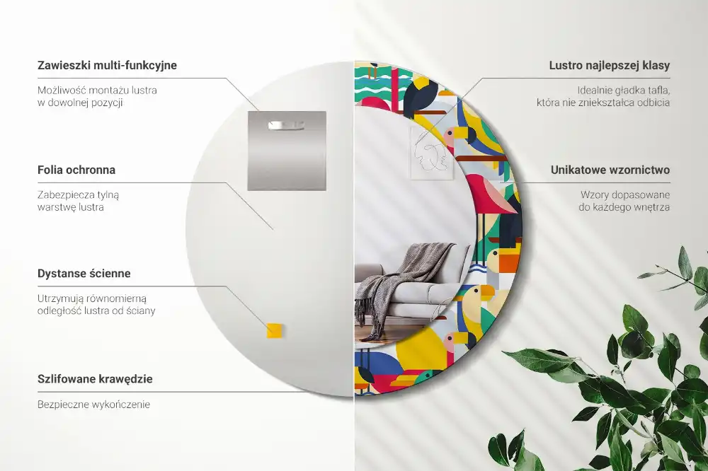 Oglindă rotundă cu ramă cu imprimeu geometric cu păsări tropicale