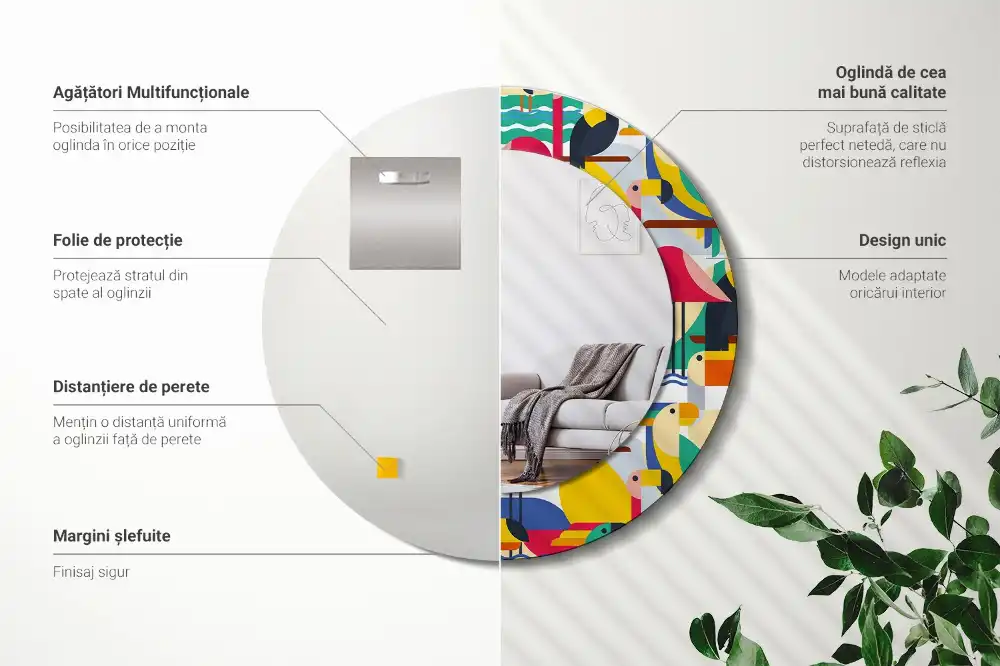 Oglindă rotundă cu ramă cu imprimeu geometric cu păsări tropicale