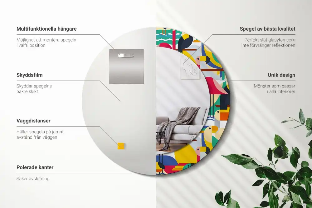 Oglindă rotundă cu ramă cu imprimeu geometric cu păsări tropicale