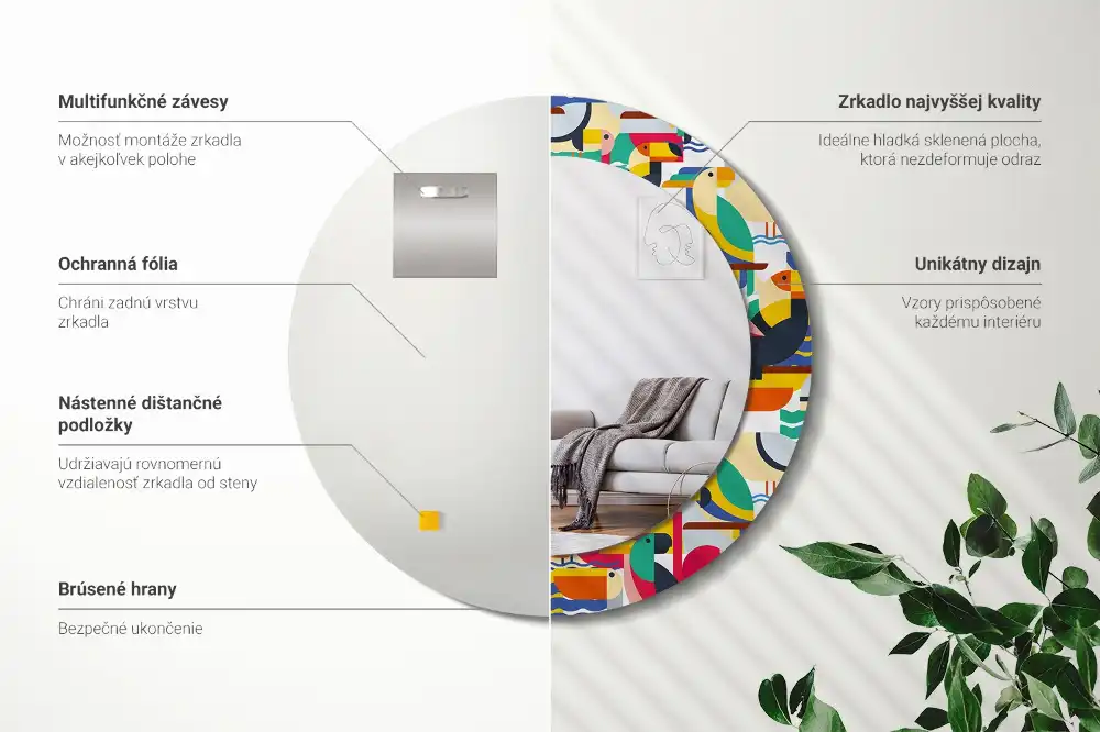 Oglindă rotundă cu ramă cu imprimeu geometric cu păsări tropicale