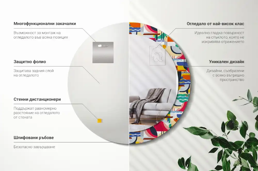 Oglindă rotundă cu ramă cu imprimeu geometric cu păsări tropicale