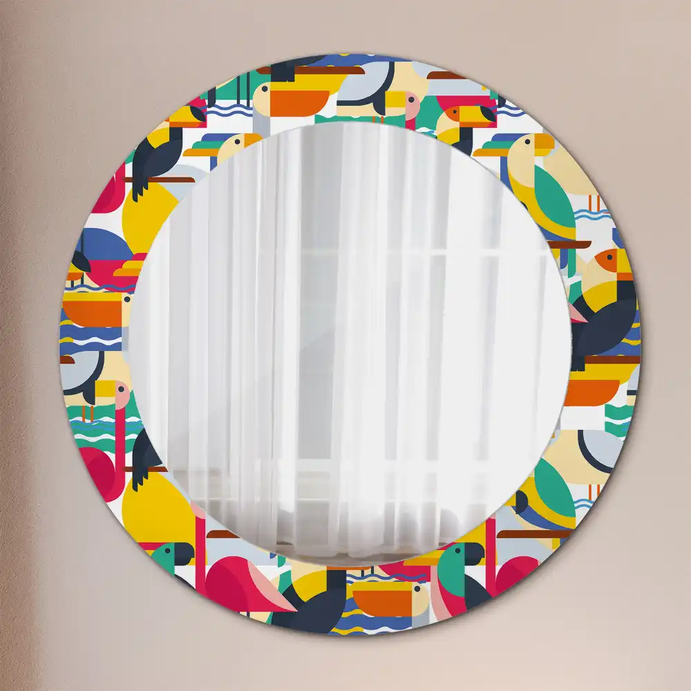 Oglindă rotundă cu ramă cu imprimeu geometric cu păsări tropicale