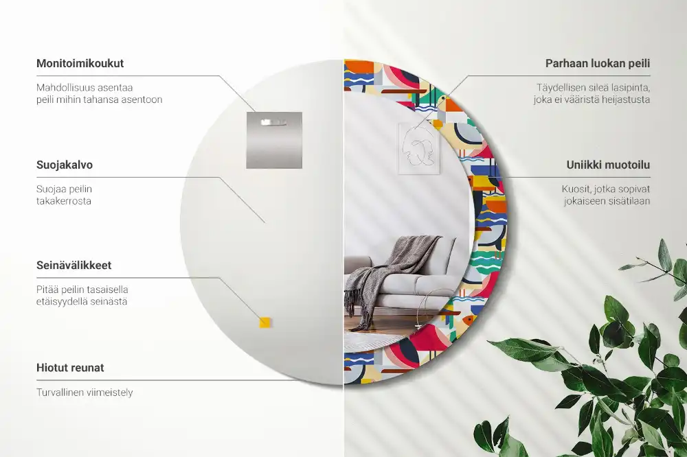 Oglindă rotundă cu ramă cu imprimeu geometric cu păsări tropicale