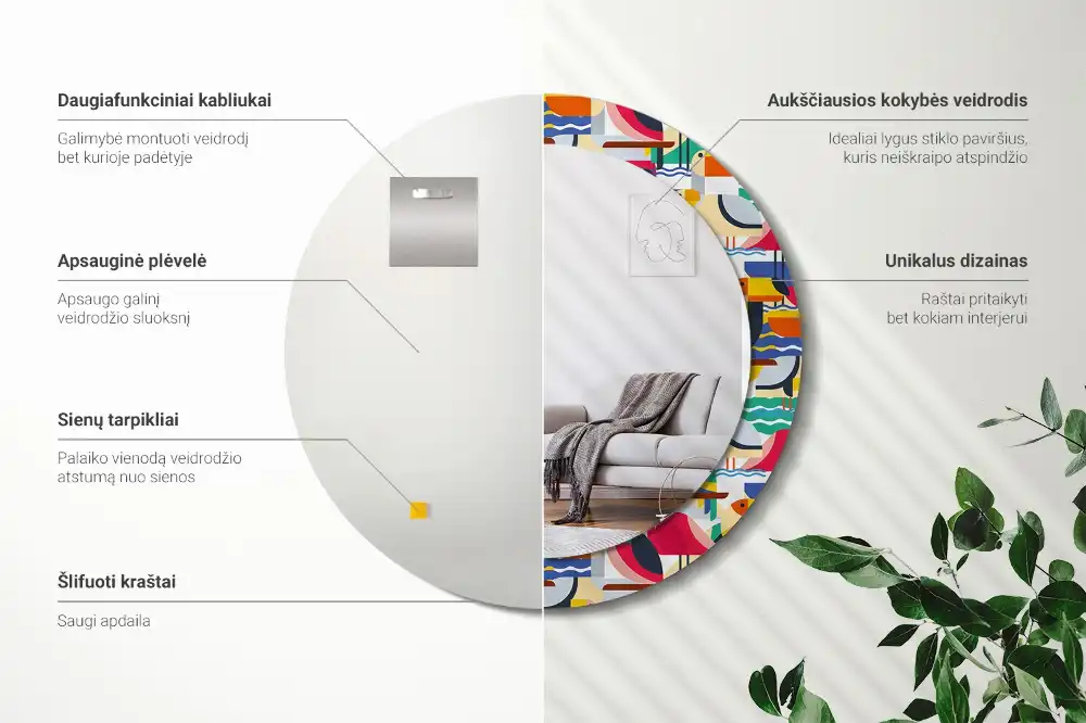 Oglindă rotundă cu ramă cu imprimeu geometric cu păsări tropicale
