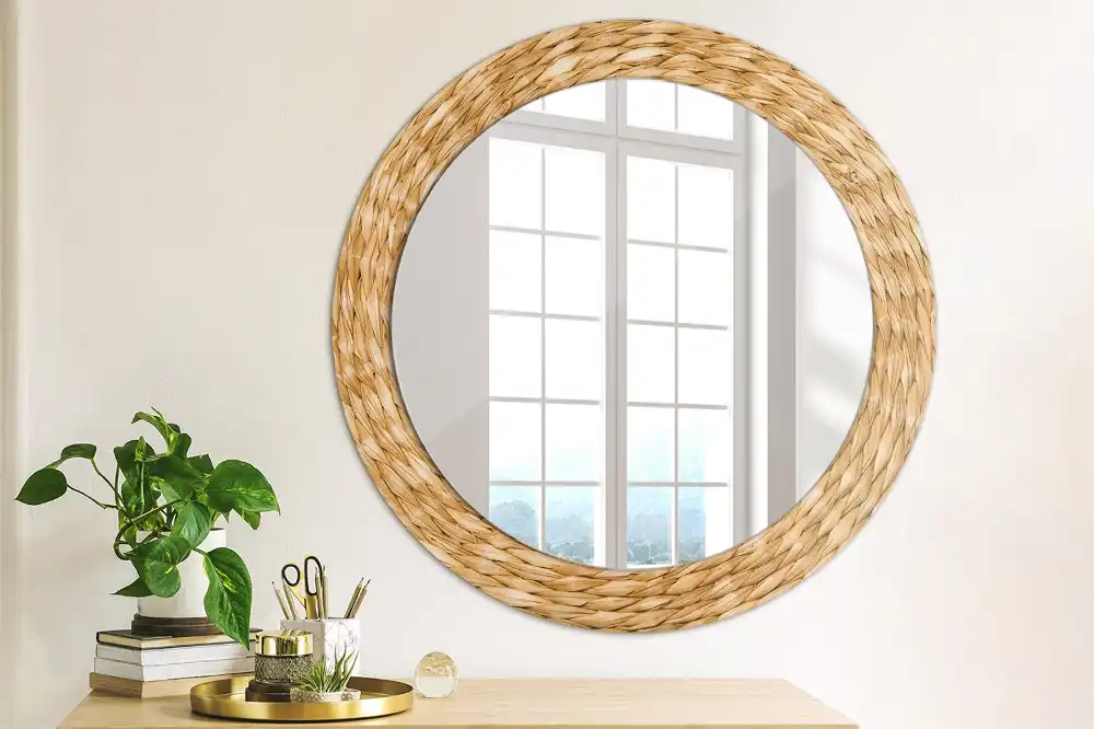 Oglindă rotundă decorativă cu ramă din răchită