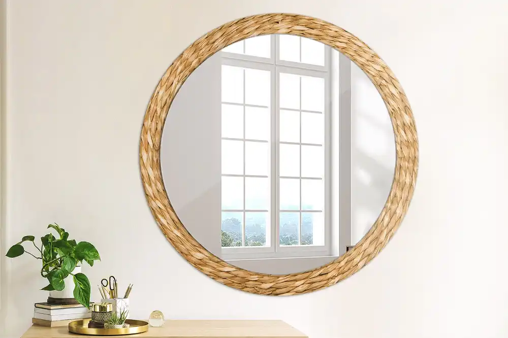 Oglindă rotundă decorativă cu ramă din răchită